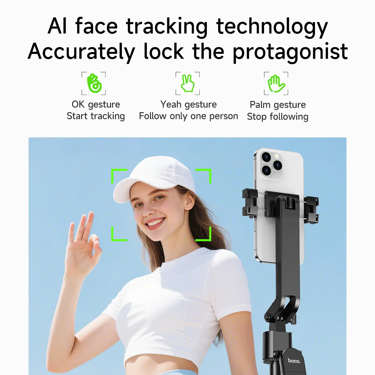 Person using a smartphone with an AI face tracking device, showing gestures for start tracking, follow one person, and stop following.