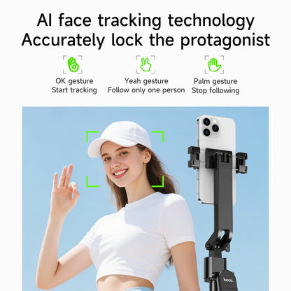 Person using a smartphone with an AI face tracking device, showing gestures for start tracking, follow one person, and stop following.