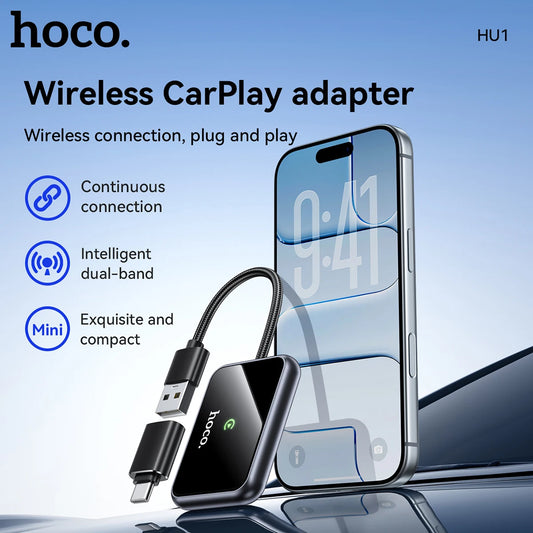 HOCO HU1 Wireless CarPlay Adapter – USB/USB-C Plug & Play for iPhone