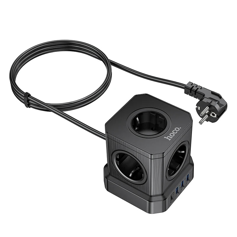 Black power strip with multiple outlets and a cable on a white background