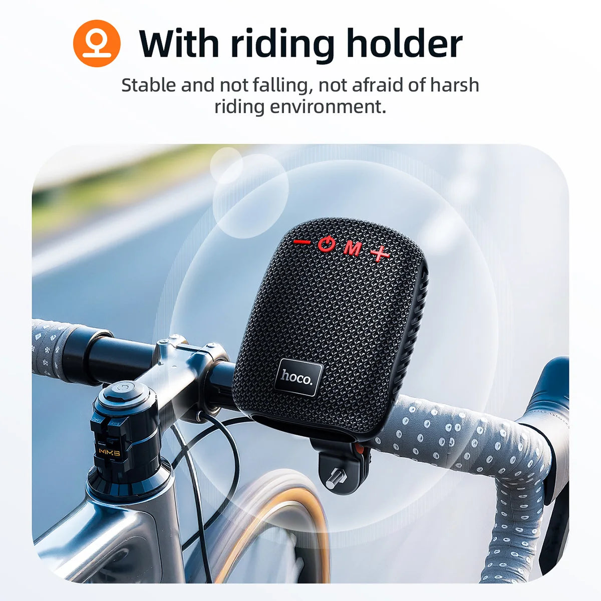 Rearview mirror with 'hoco' branding attached to a bicycle handlebar, with text highlighting stability and durability.