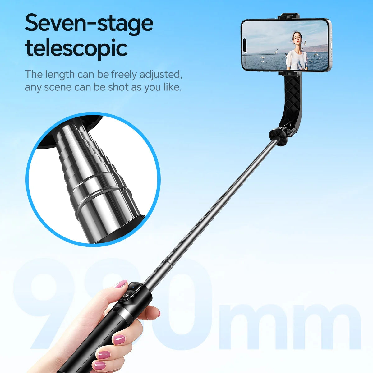 Telescopic selfie stick with smartphone holder on a blue background