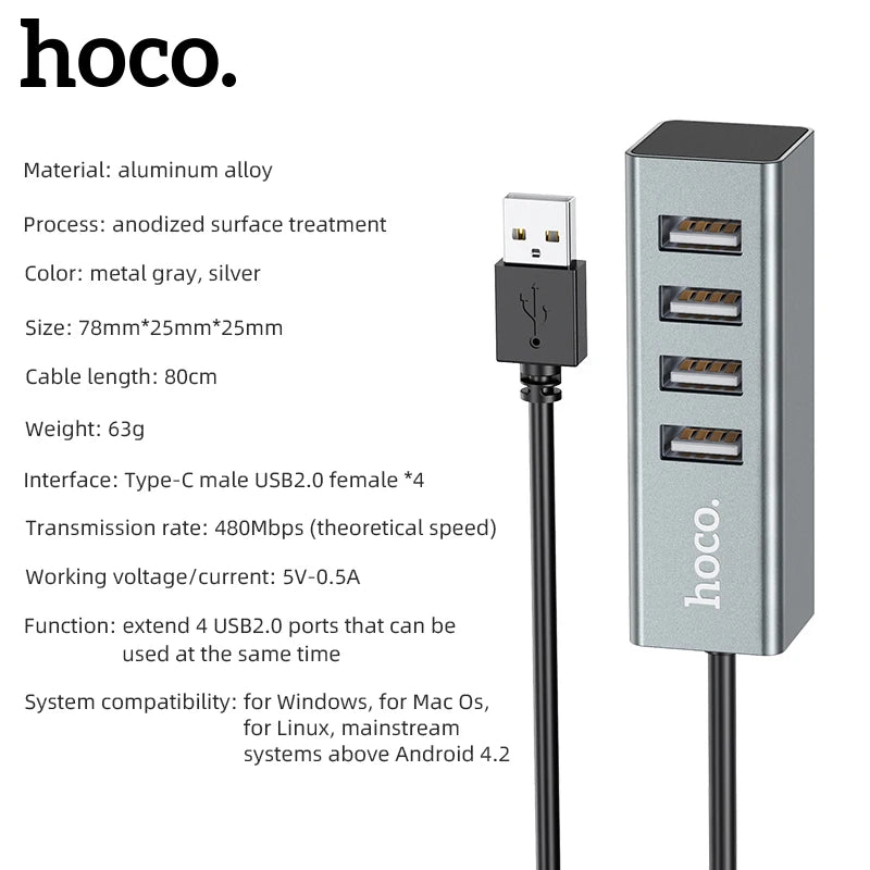 HOCO HB1 4-Port USB 2.0 High-Speed Hub