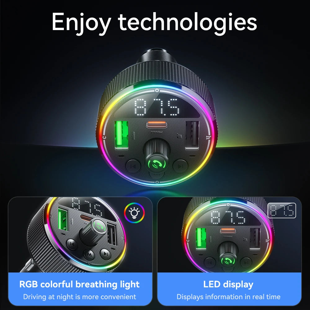 Multifunctional device with RGB lighting and LED display on a dark background
