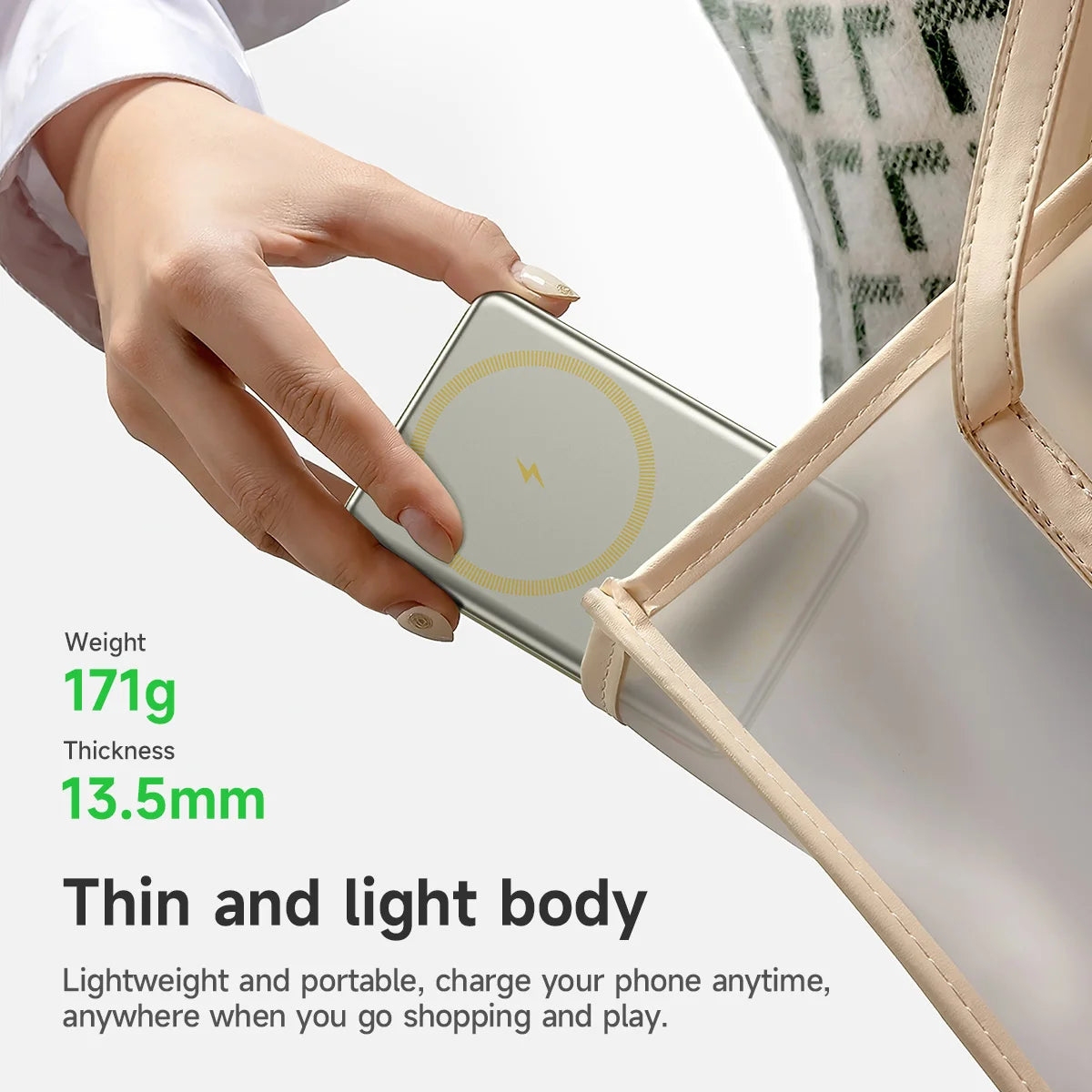 Hand holding a phone with a thin and light body feature highlighted