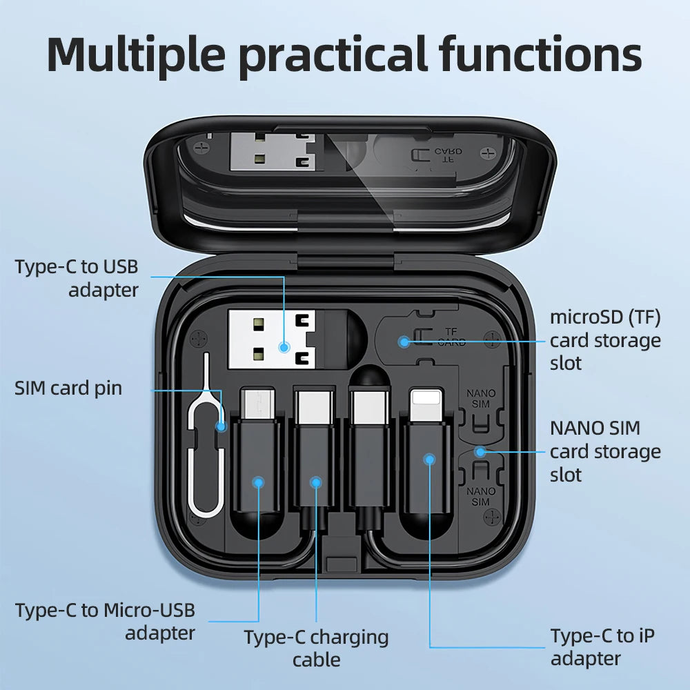 Set of electronic adapters and cables in a black case with labels on a light blue background