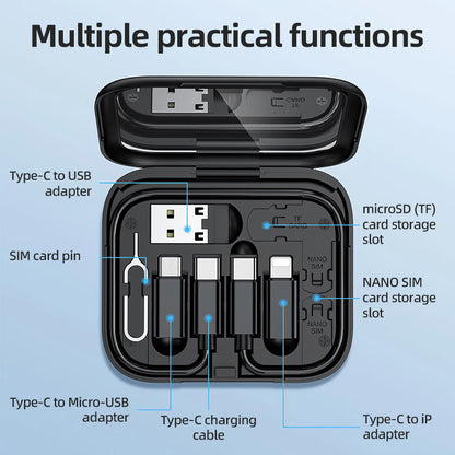 Set of electronic adapters and cables in a black case with labels on a light blue background