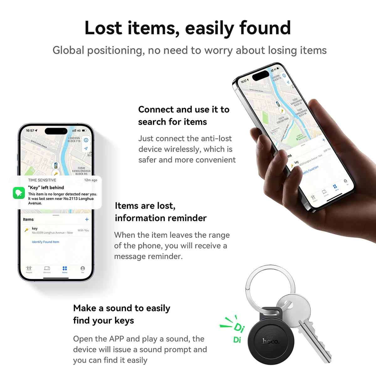 Smart device with app interface showing item location, keychain device, and text about lost item tracking.