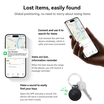 Smart device with app interface showing item location, keychain device, and text about lost item tracking.