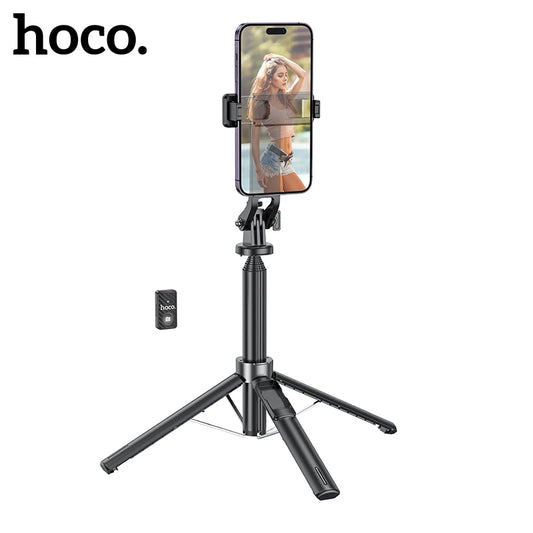 Black smartphone tripod with remote control on a white background, featuring the hoco brand.