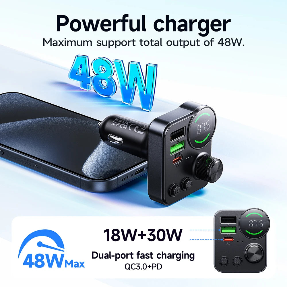 Powerful charger with 48W output, dual-port fast charging, and digital display on a light blue background.