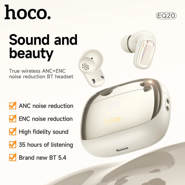 True wireless earbuds with charging case on a white background, featuring hoco branding.