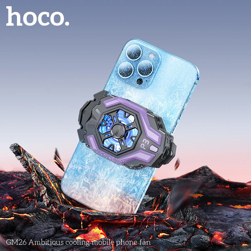 Phone case with cooling fan on a fiery background, featuring the hoco. brand.