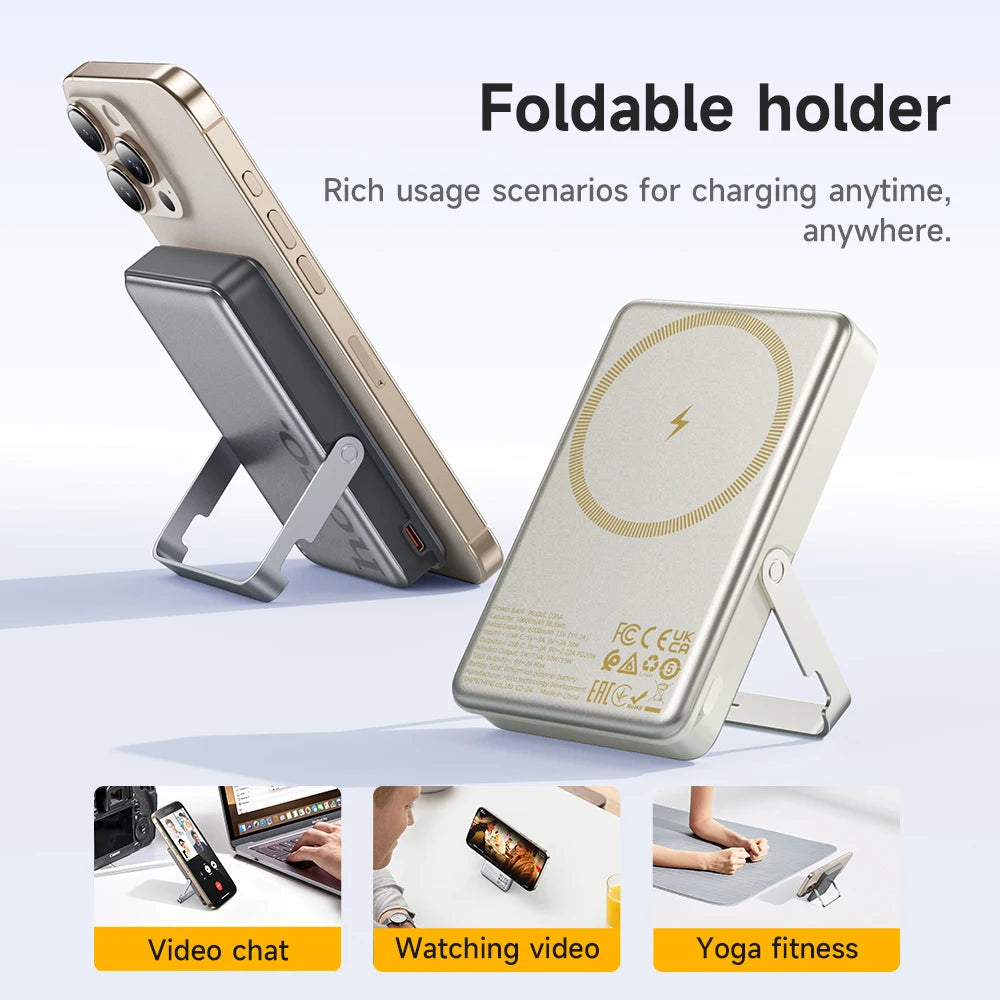 Foldable phone holder with charging pad on a light blue background