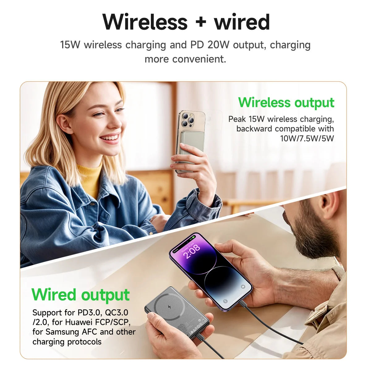 Two people using wireless and wired charging devices with text about charging speeds and compatibility.