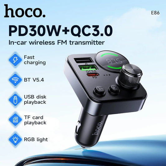 hoco PD30W+QC3.0 in-car wireless FM transmitter with features listed on a blue background