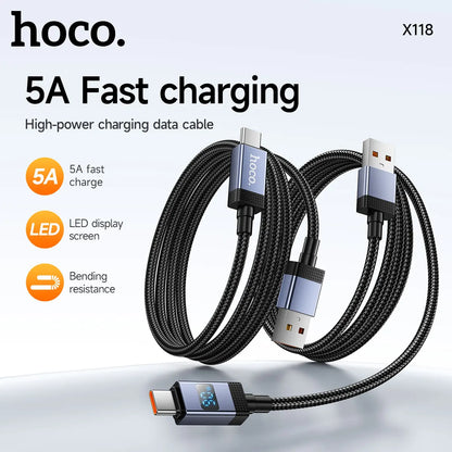 HOCO X118 USB-C to USB-C 100W Charging Cable with Digital Display