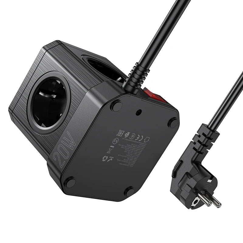 Black power adapter with plug on a white background