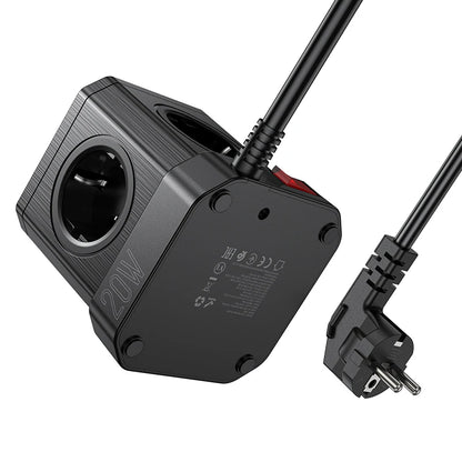 Black power adapter with plug on a white background