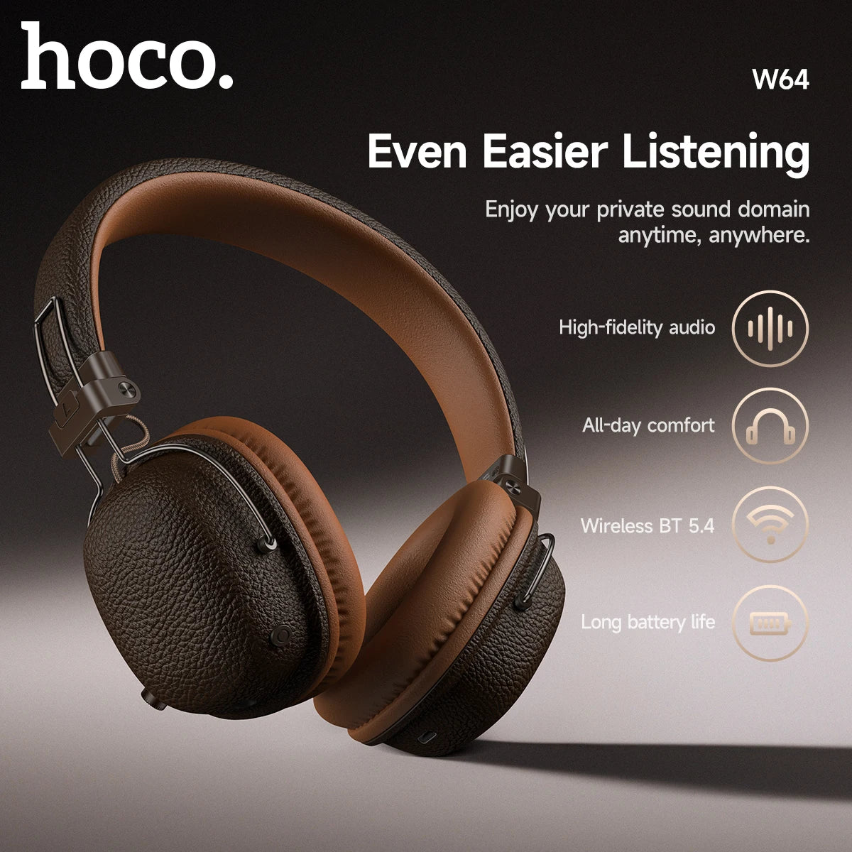 Brown headphones with hoco branding and product features on a dark background