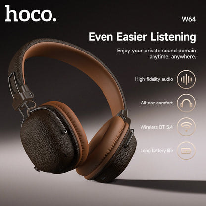 Brown headphones with hoco branding and product features on a dark background