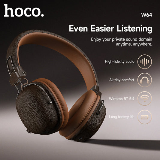 Brown headphones with hoco branding and product features on a dark background