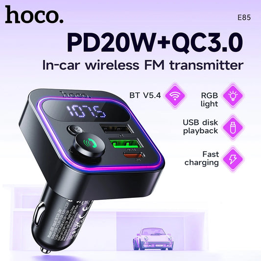 Hoco in-car wireless FM transmitter with RGB lighting on a light purple background