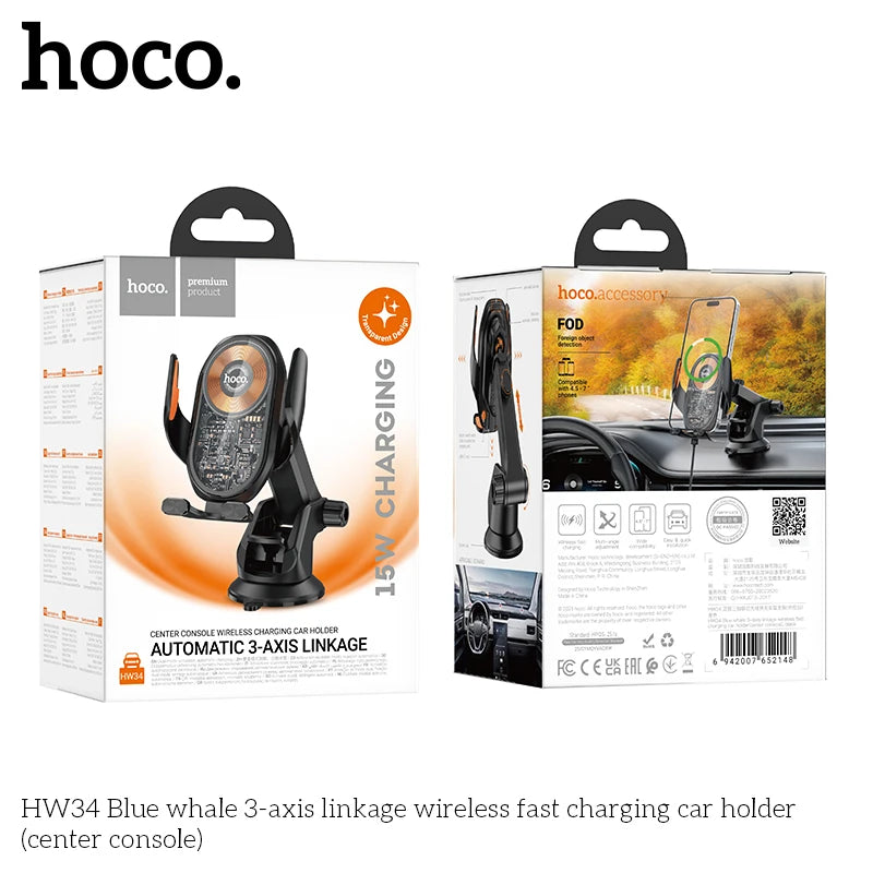 HOCO HW34 Automatic Wireless Car Charger Mount 15W