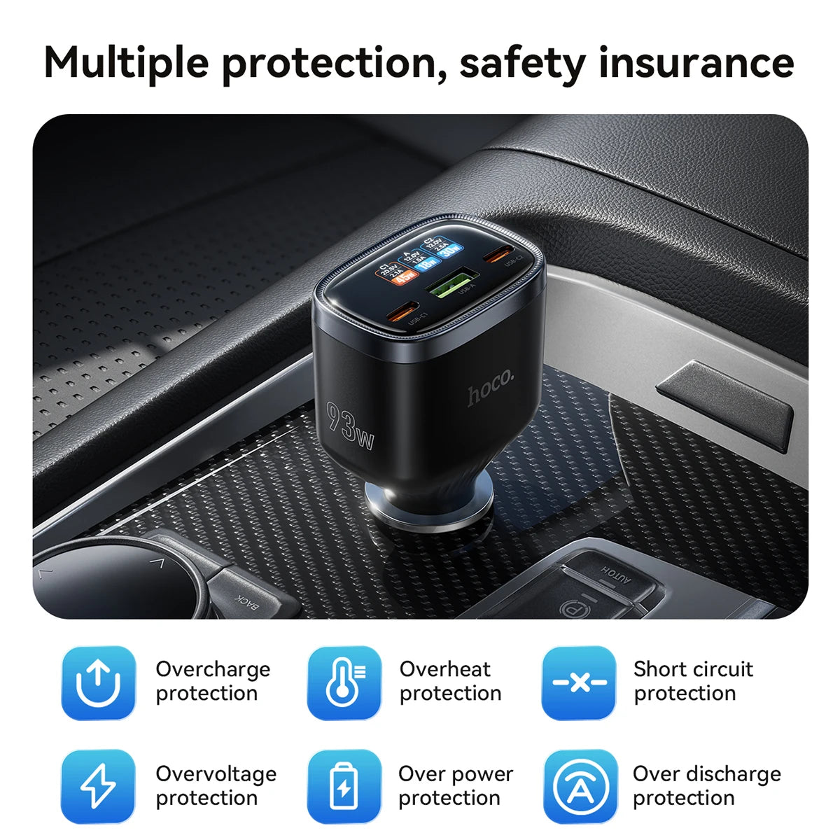 HOCO Z70 93W 3-Port Car Charger with TFT Display