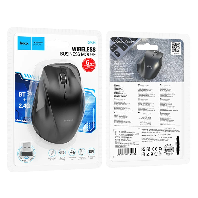Hoco wireless business mouse packaging with product and specifications on a white background