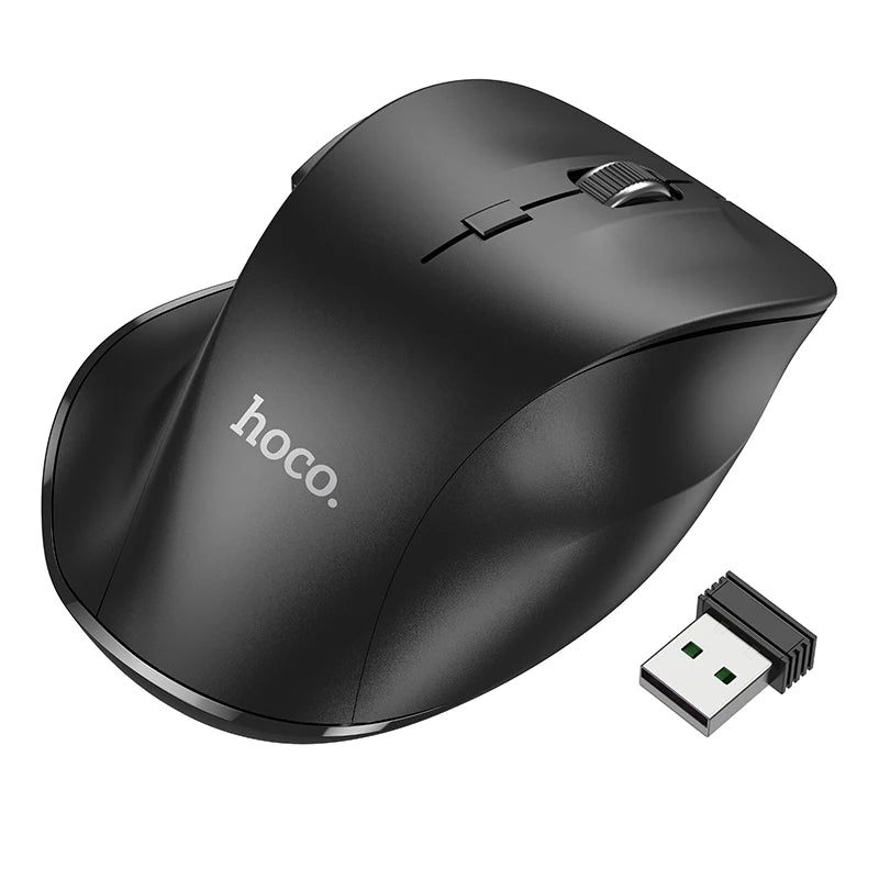Black ergonomic mouse with USB receiver on a white background, featuring the brand 'hoco'.