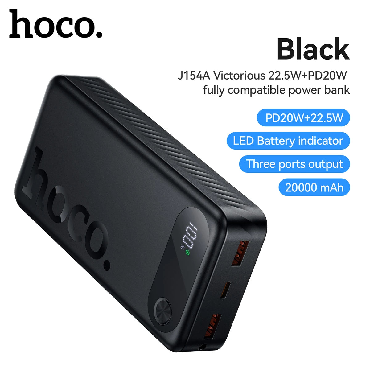 Black power bank with hoco branding and specifications on a white background