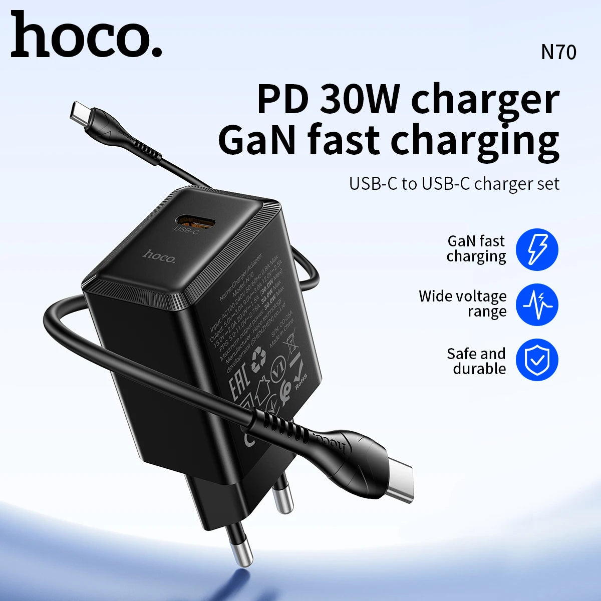HOCO N70 30W GaN USB-C Charger with Built-In Cable