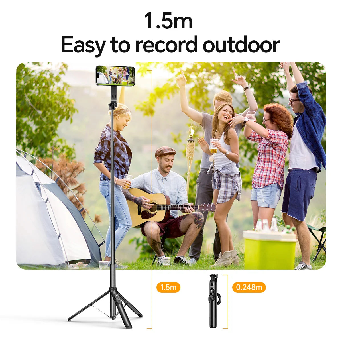 Smartphone holder with tripod stand for outdoor recording, showing people in a park and camping scene.