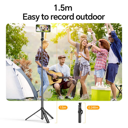 Smartphone holder with tripod stand for outdoor recording, showing people in a park and camping scene.