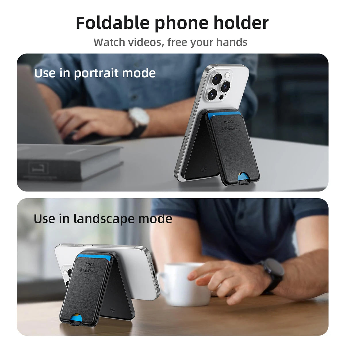 Foldable phone holder with two use cases: portrait and landscape modes, on a white background.