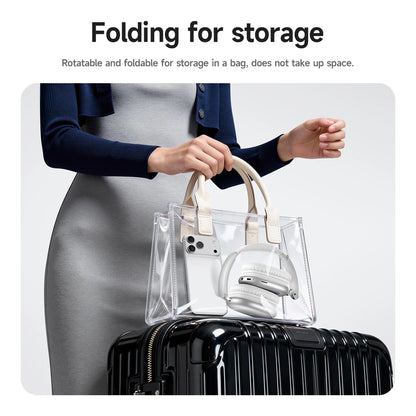 Person holding a clear handbag with a white shoe inside, over a black suitcase.