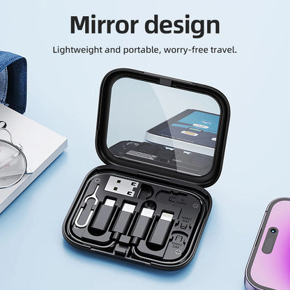 Black travel case with mirror design on a light blue background