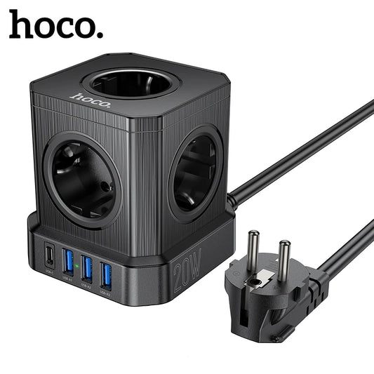 Hoco power adapter with multiple sockets and USB ports on a white background