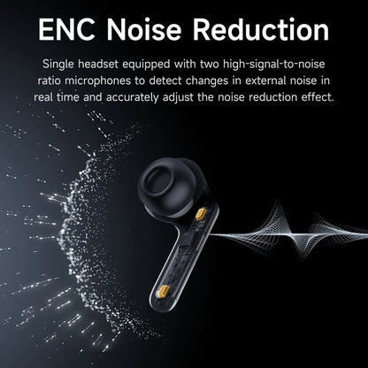 Black wireless earbud with ENC noise reduction technology on a dark background