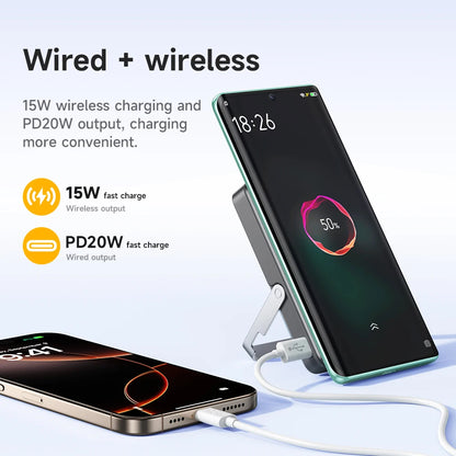 Phone charging stand with two smartphones, one wired and one wireless, on a light blue background.