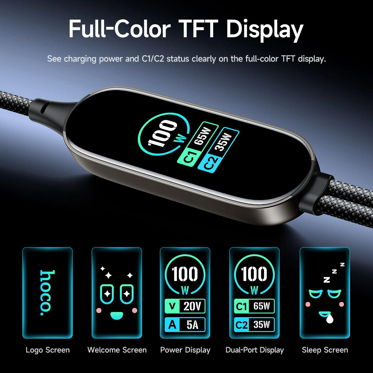 HOCO U156 100W Dual USB-C Charging Cable with TFT Display