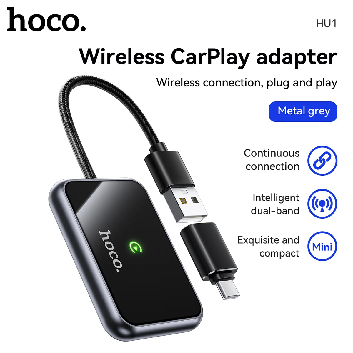 HOCO HU1 Wireless CarPlay Adapter – USB/USB-C Plug & Play for iPhone