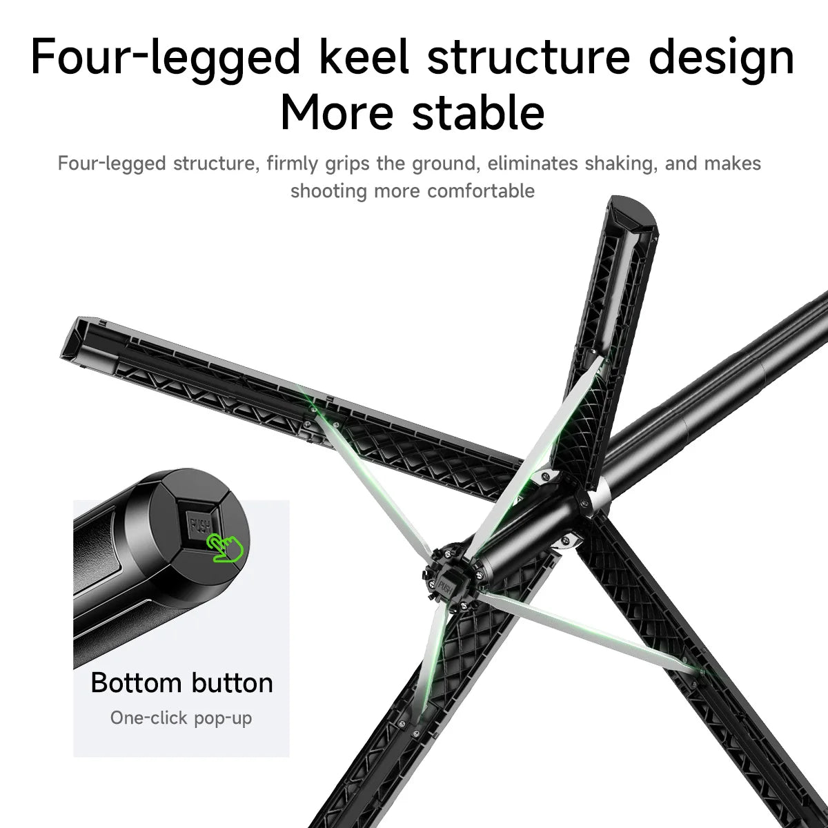 Black four-legged keel structure design with text on stability and comfort