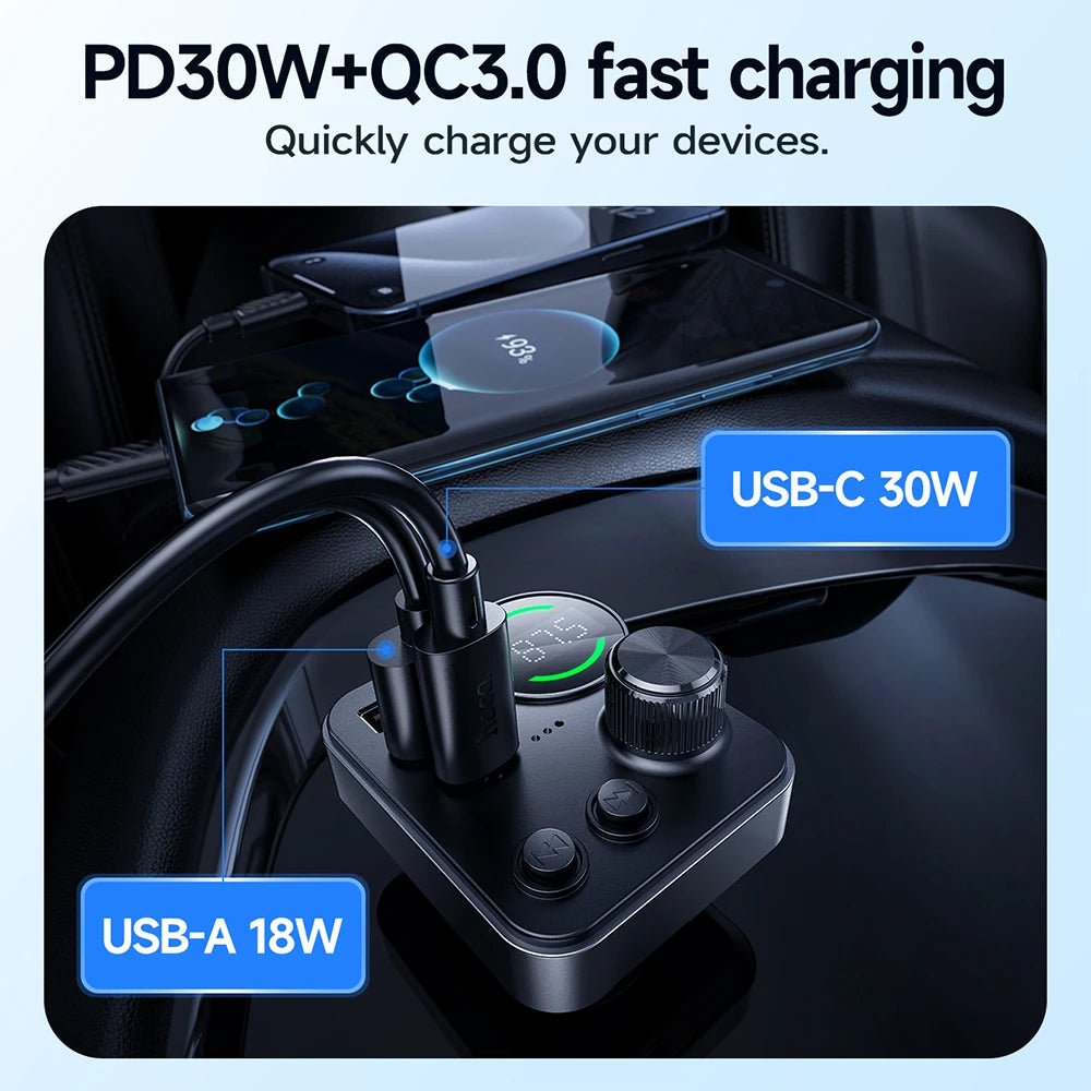 Car charger with PD30W+QC3.0 fast charging capabilities, displaying USB-C 30W and USB-A 18W on a black background.