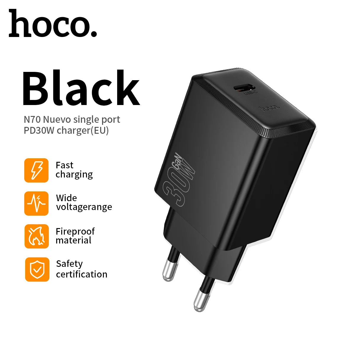 HOCO N70 30W GaN USB-C Charger with Built-In Cable