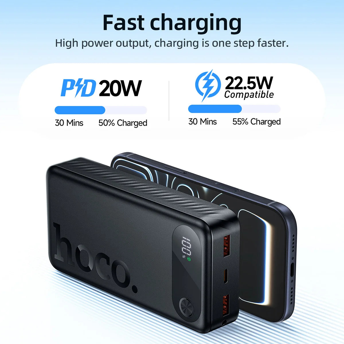 Black power bank with charging specifications on a light blue background
