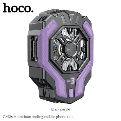 Hoco GM26 Ambitious cooling mobile phone fan with black and purple design on a white background