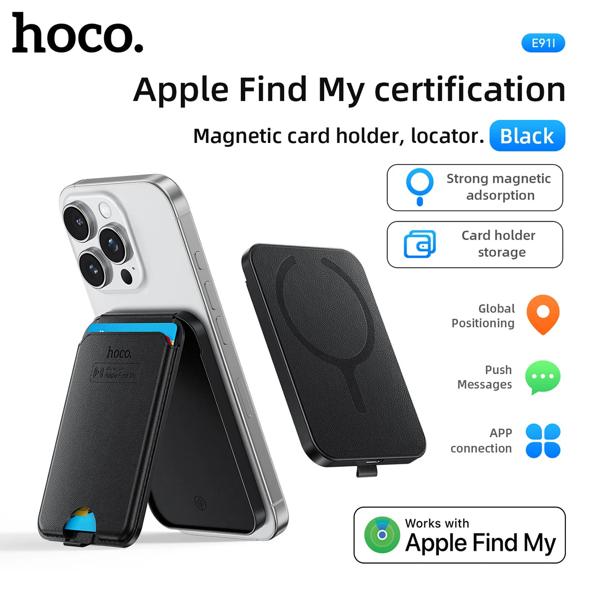 Black magnetic card holder with Apple Find My certification on a white background