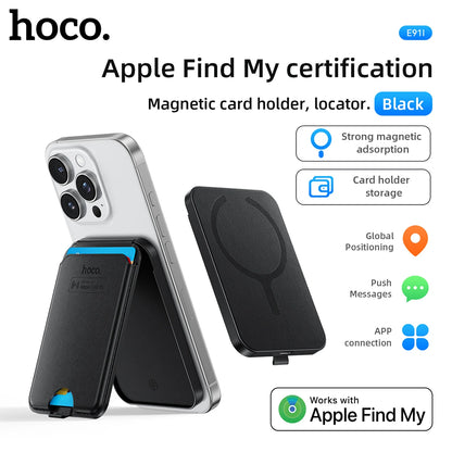 Black magnetic card holder with Apple Find My certification on a white background